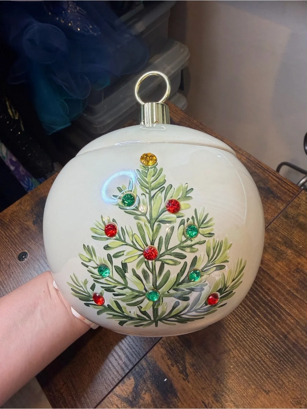 Teleflora Hand-Painted White Glass Holiday Ornament Green Tree Multi-Colored Gem